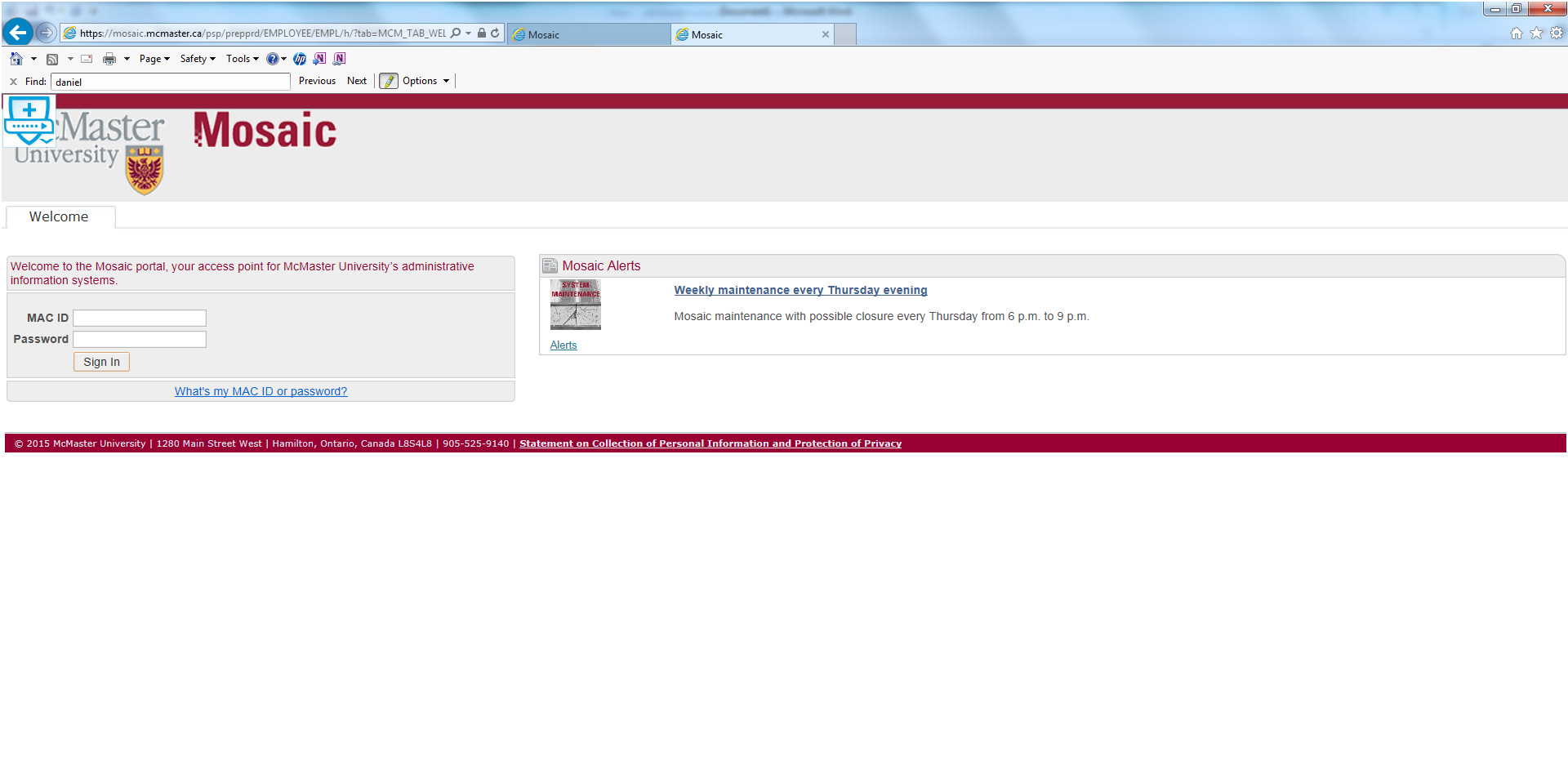 Screenshot of the Mosaic login page.