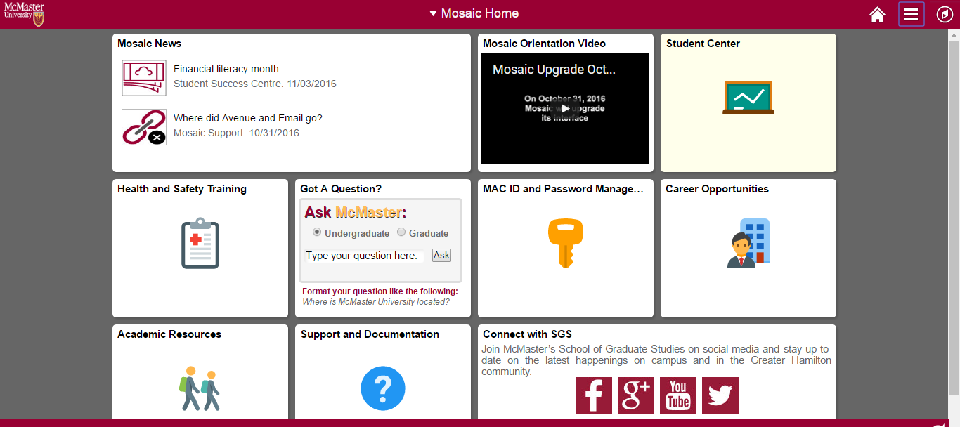 Screenshot of the Mosaic home page. The Student Center tab is a tile near the top-right.