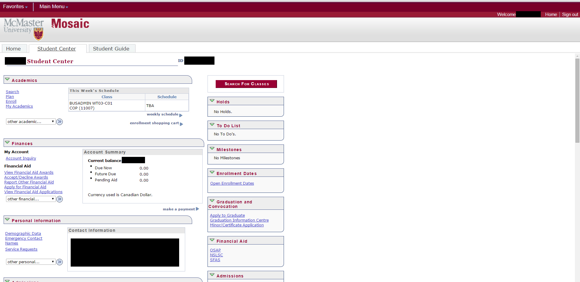 Screenshot of the Student Center page. The "Academics" section is near the top. The "enrol" link is in that section.