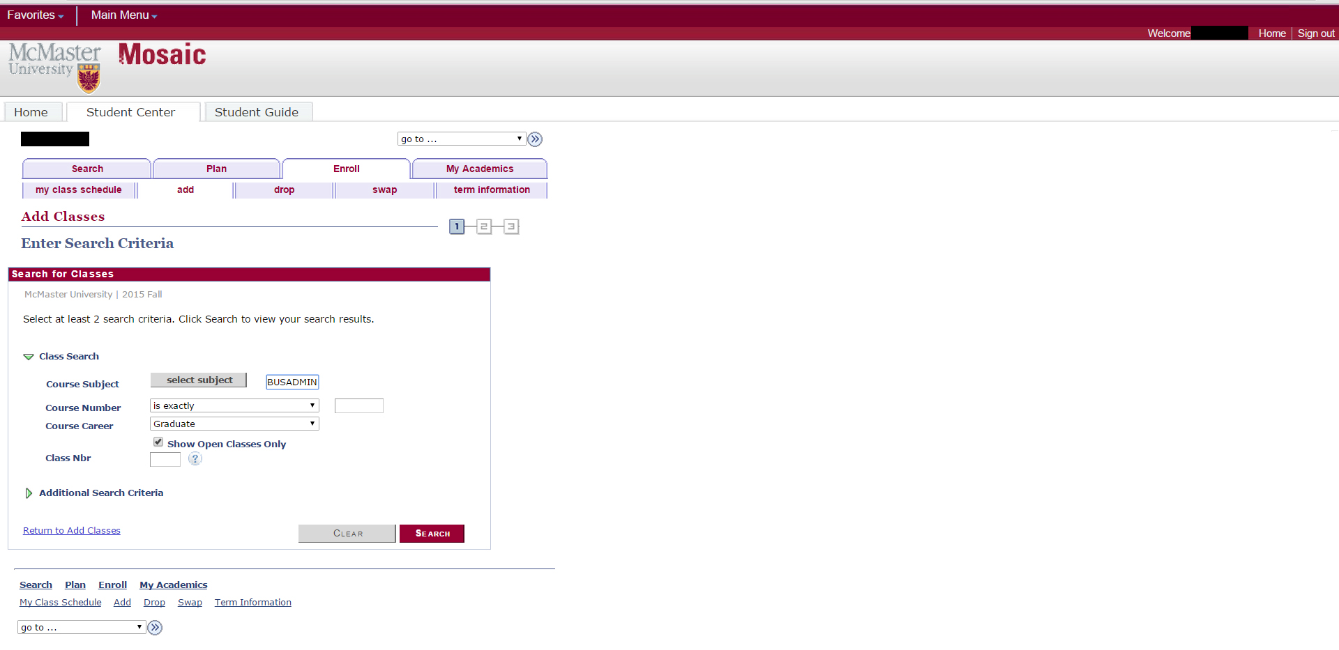 Screenshot of the "add classes" page. Shows the "enter search criteria" form.