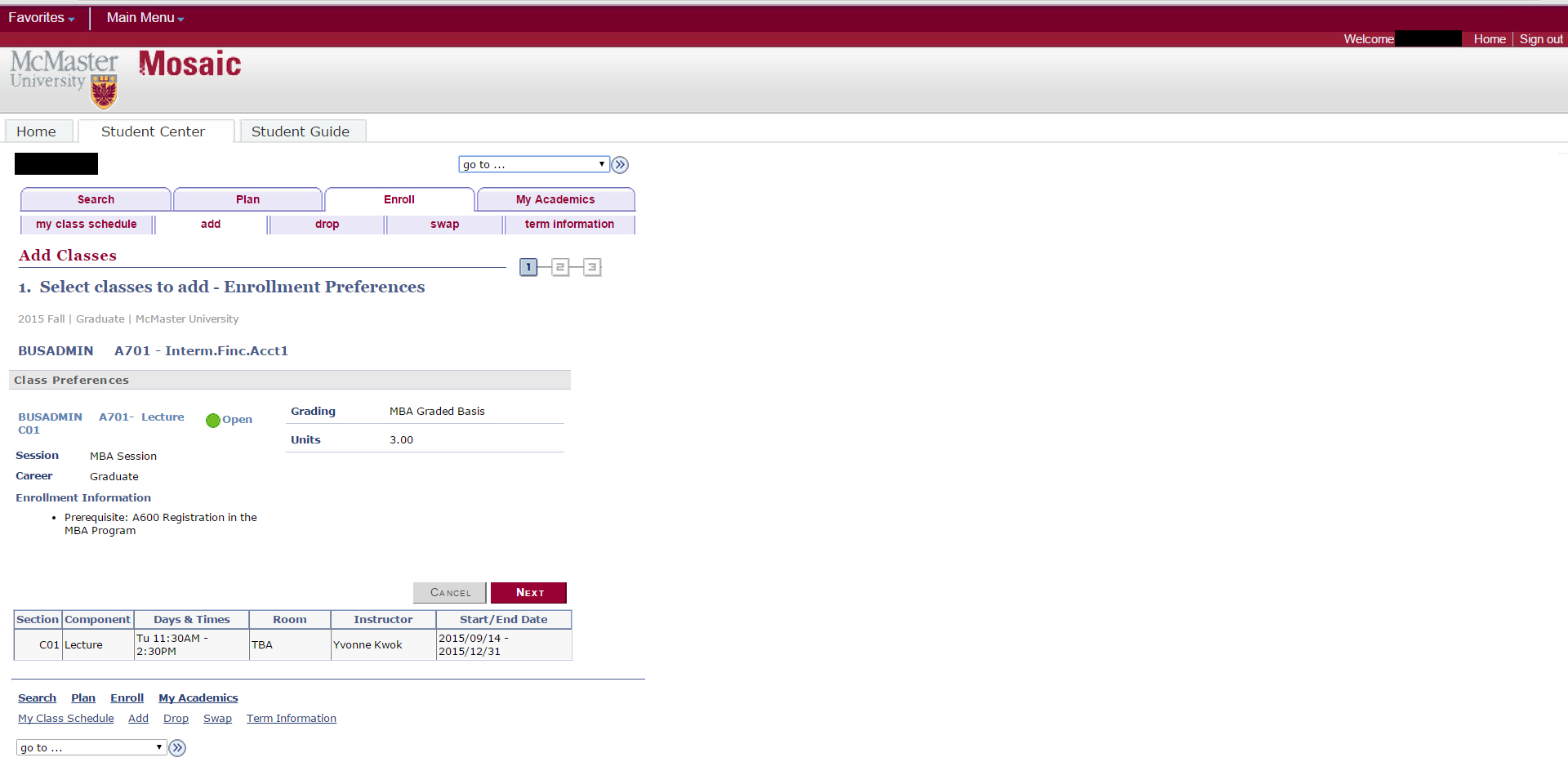 Screenshot of the "add classes" page. Shows an "enrollment preferences" view. There is a "next" button near the bottom of a section showing class preferences.
