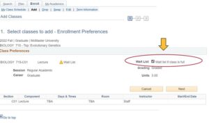 This image shows how to select the "Wait list if class is full" option when registering for a course