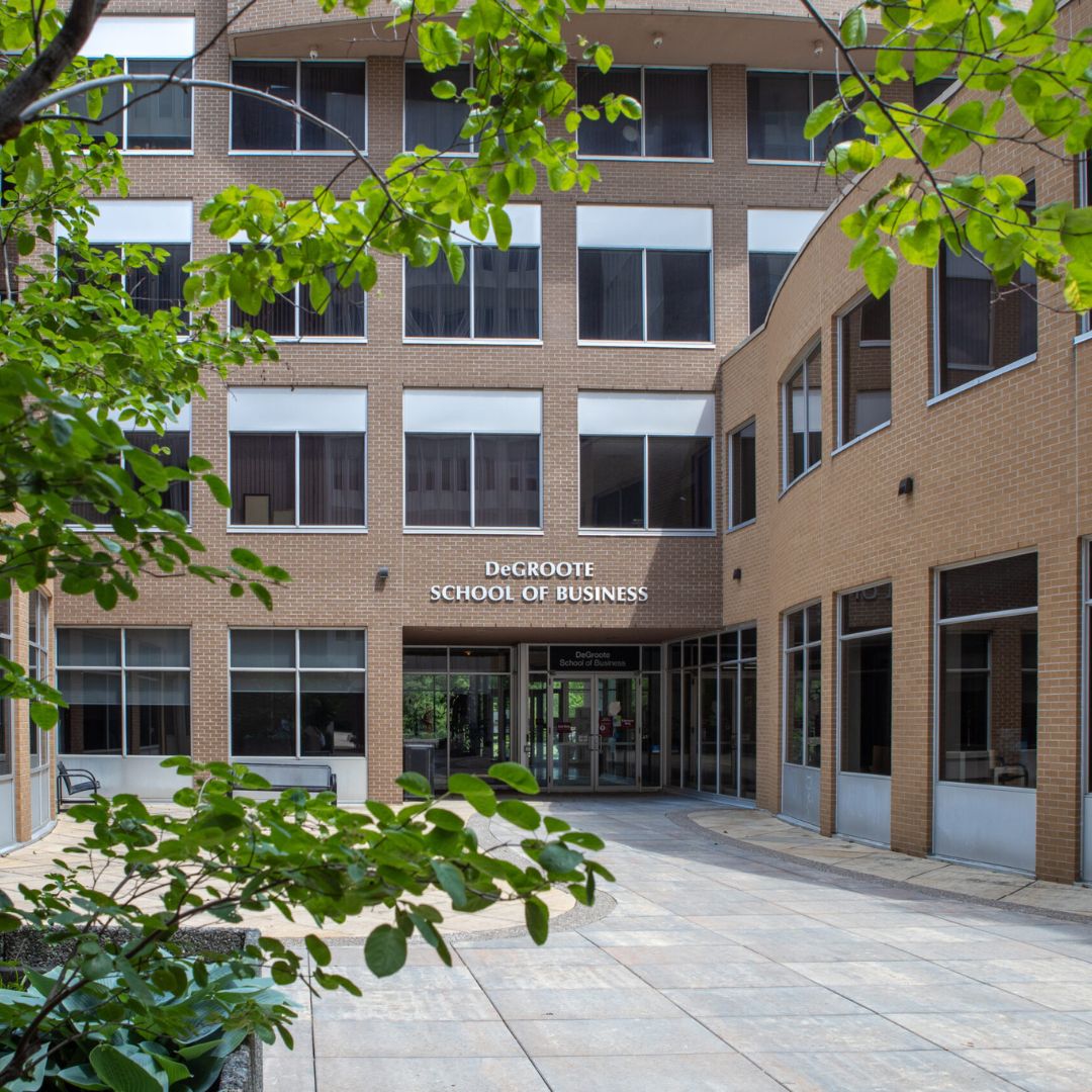 Doors of the DeGroote School of Business building on the Hamilton campus.